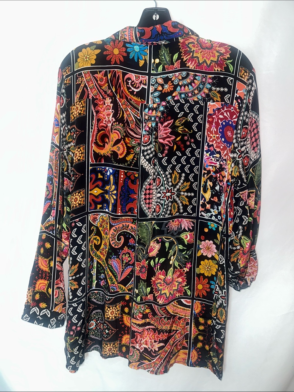 Shana Black Patchwork Paisley Button-Front Shirt with Bright Floral Accents - Picture 7 of 7